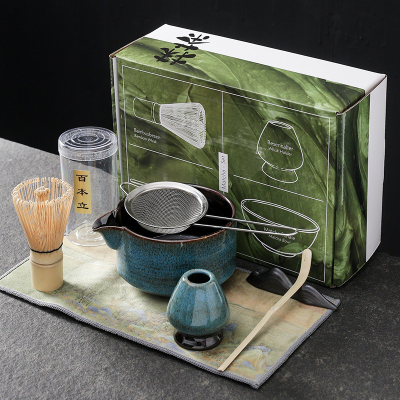 Set ceremonial de ceai din bambus, ceramică: perie pentru matcha, agitator, suport pentru chasen și bol pentru matcha