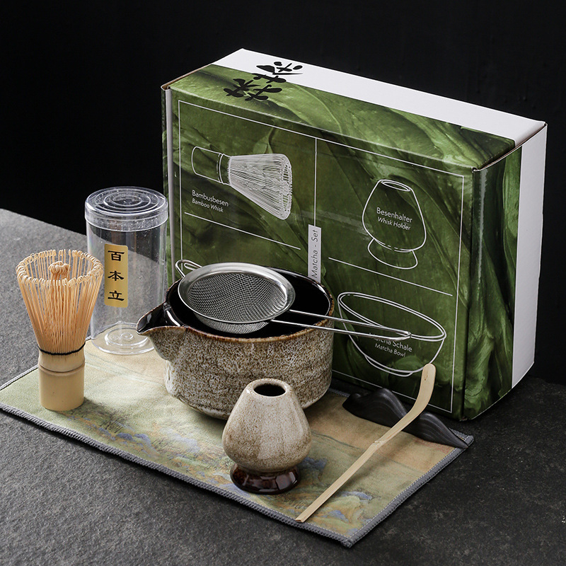 Set ceremonial de ceai din bambus, ceramică: perie pentru matcha, agitator, suport pentru chasen și bol pentru matcha