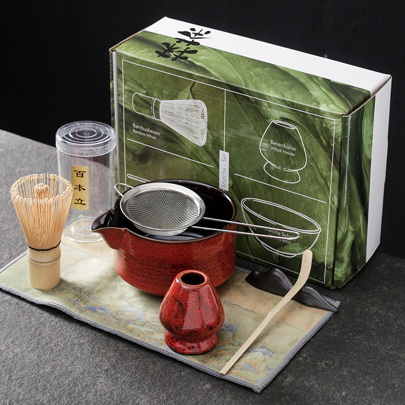 Set ceremonial de ceai din bambus, ceramică: perie pentru matcha, agitator, suport pentru chasen și bol pentru matcha