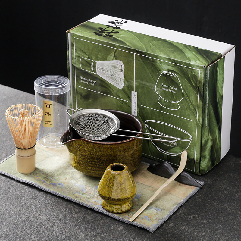 Set ceremonial de ceai din bambus, ceramică: perie pentru matcha, agitator, suport pentru chasen și bol pentru matcha