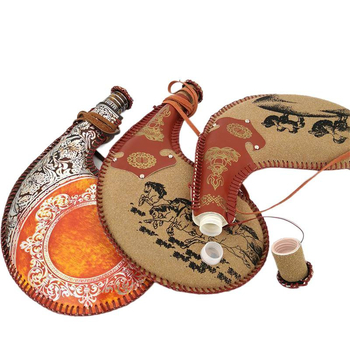 Geantă din piele mongolă pentru vin, obiect de artă etnic din Mongolia Interioară, pungă de vin cusută manual și recuzită pentru sticla de vin