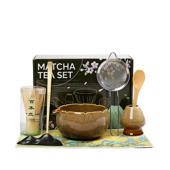 Set pentru ceremonia ceaiului în stil japonez: chasen din bambus, perie pentru matcha și bol ceramic pentru ceai