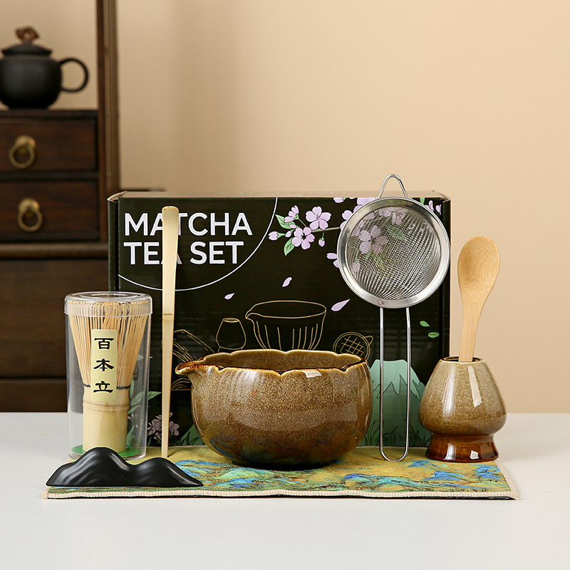 Set pentru ceremonia ceaiului în stil japonez: chasen din bambus, perie pentru matcha și bol ceramic pentru ceai