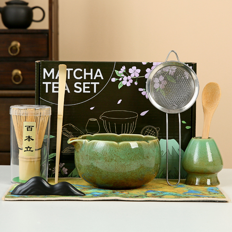 Set pentru ceremonia ceaiului în stil japonez: chasen din bambus, perie pentru matcha și bol ceramic pentru ceai
