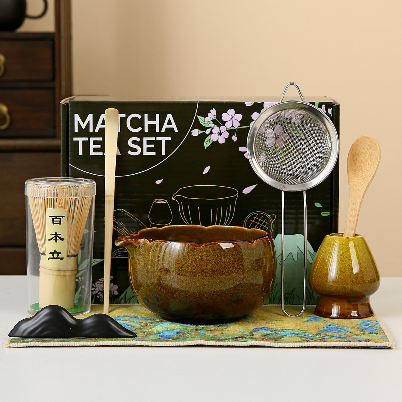 Set pentru ceremonia ceaiului în stil japonez: chasen din bambus, perie pentru matcha și bol ceramic pentru ceai