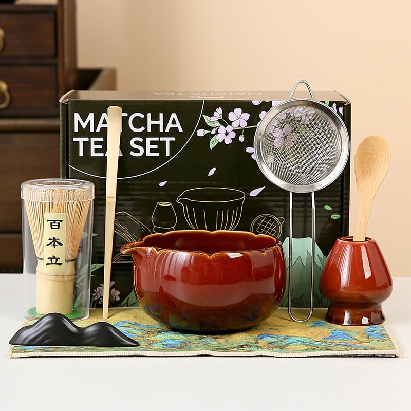 Set pentru ceremonia ceaiului în stil japonez: chasen din bambus, perie pentru matcha și bol ceramic pentru ceai