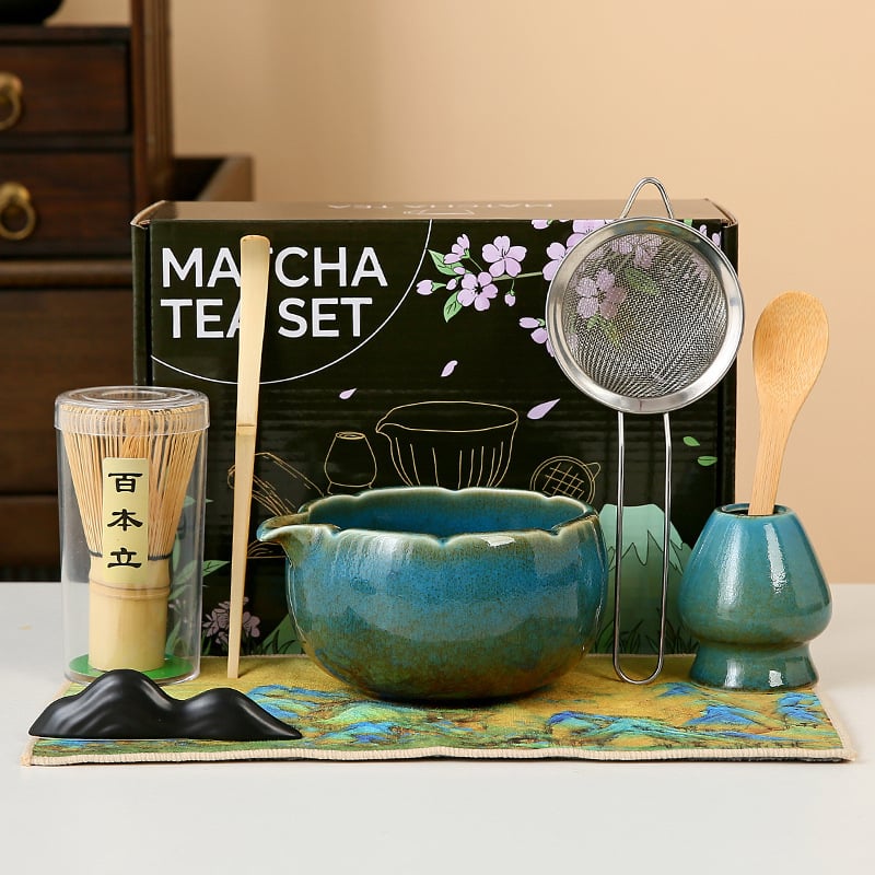 Set pentru ceremonia ceaiului în stil japonez: chasen din bambus, perie pentru matcha și bol ceramic pentru ceai