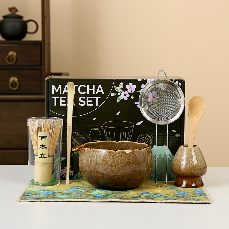 Set pentru ceremonia ceaiului în stil japonez: chasen din bambus, perie pentru matcha și bol ceramic pentru ceai