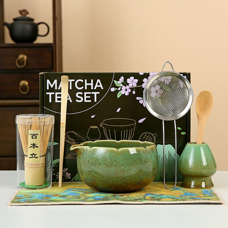 Set pentru ceremonia ceaiului în stil japonez: chasen din bambus, perie pentru matcha și bol ceramic pentru ceai