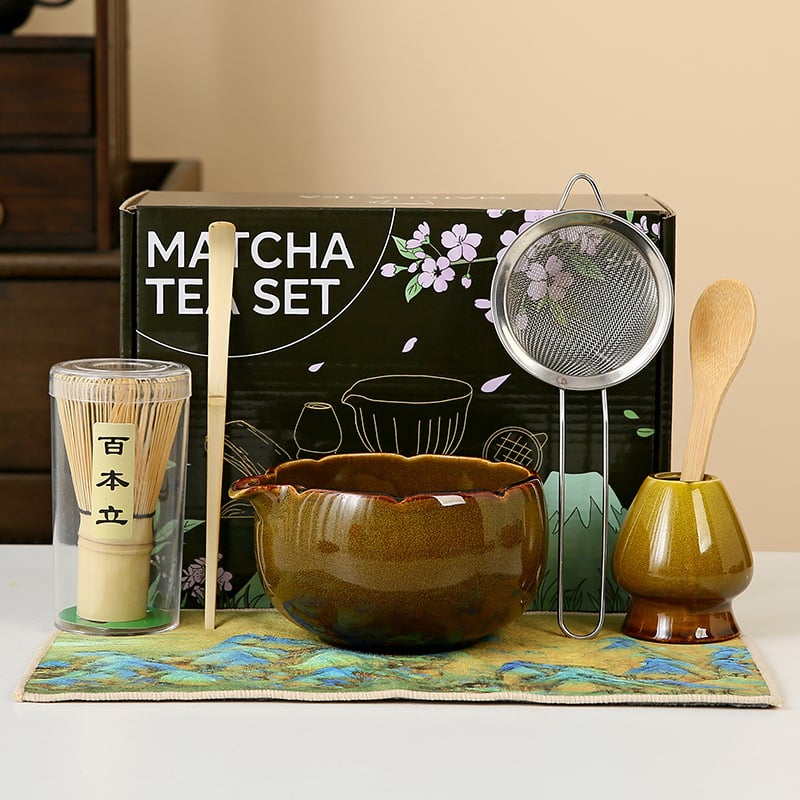 Set pentru ceremonia ceaiului în stil japonez: chasen din bambus, perie pentru matcha și bol ceramic pentru ceai