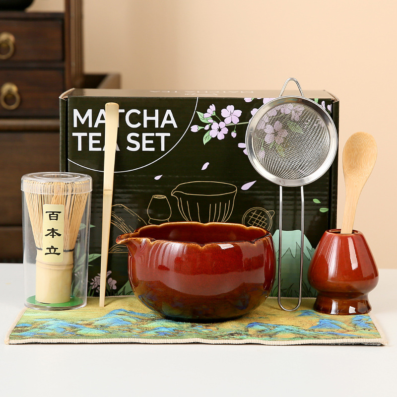 Set pentru ceremonia ceaiului în stil japonez: chasen din bambus, perie pentru matcha și bol ceramic pentru ceai