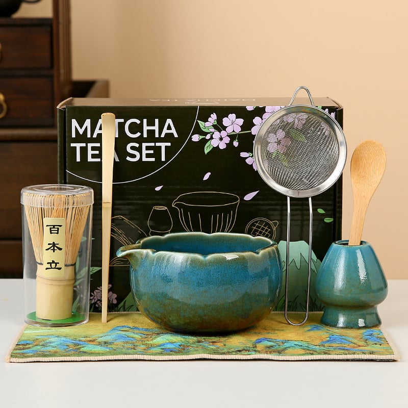 Set pentru ceremonia ceaiului în stil japonez: chasen din bambus, perie pentru matcha și bol ceramic pentru ceai