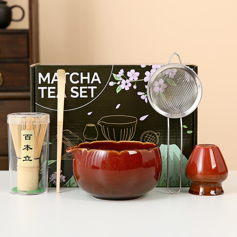 Set pentru ceremonia ceaiului în stil japonez: chasen din bambus, perie pentru matcha și bol ceramic pentru ceai