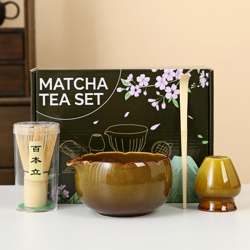 Set pentru ceremonia ceaiului în stil japonez: chasen din bambus, perie pentru matcha și bol ceramic pentru ceai