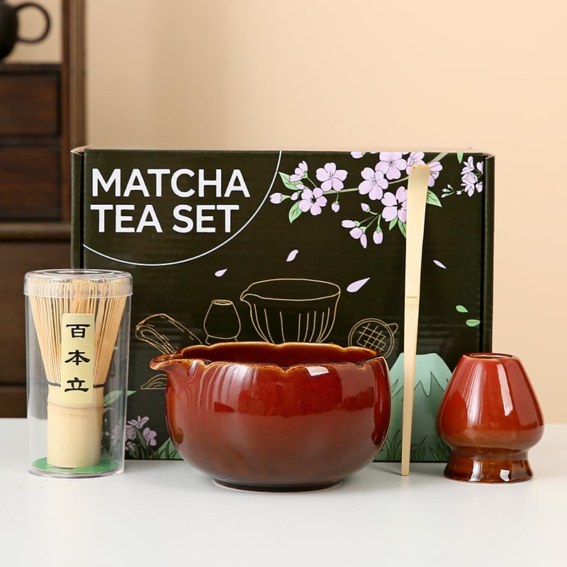 Set pentru ceremonia ceaiului în stil japonez: chasen din bambus, perie pentru matcha și bol ceramic pentru ceai