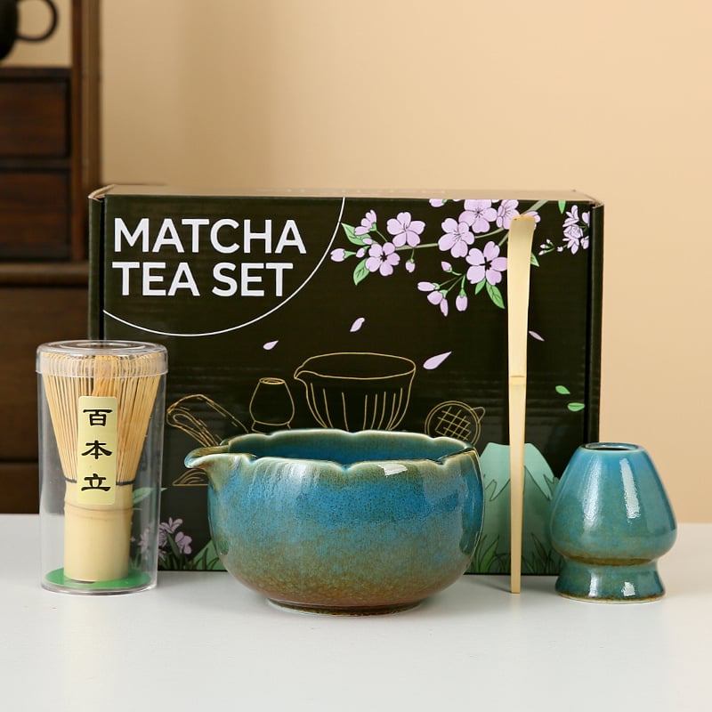 Set pentru ceremonia ceaiului în stil japonez: chasen din bambus, perie pentru matcha și bol ceramic pentru ceai