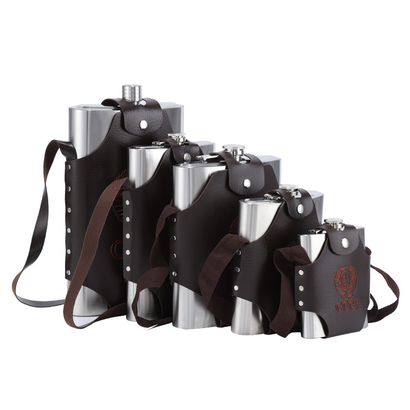 Sticlă mare de vin din oțel inoxidabil cu husă din piele – set portabil pentru mașină (0,5–5 kg)