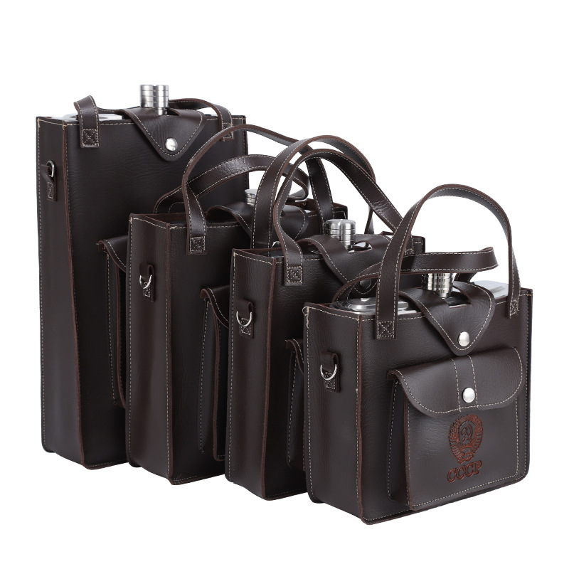 Sticlă mare de vin din oțel inoxidabil cu husă din piele – set portabil pentru mașină (0,5–5 kg)