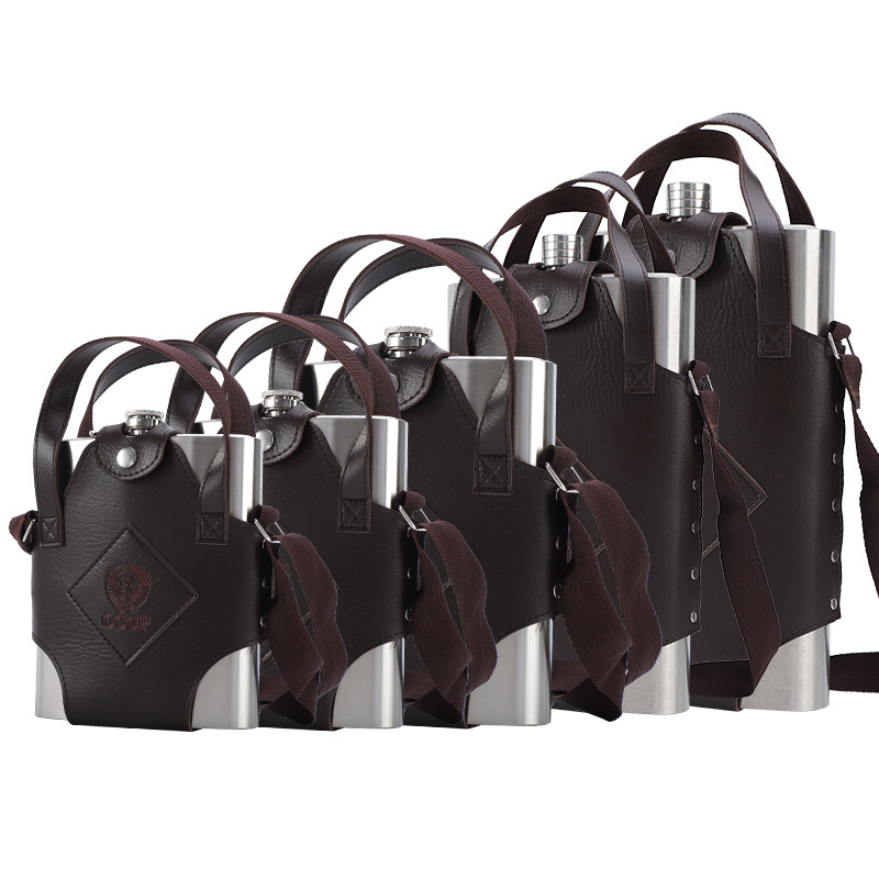 Sticlă mare de vin din oțel inoxidabil cu husă din piele – set portabil pentru mașină (0,5–5 kg)