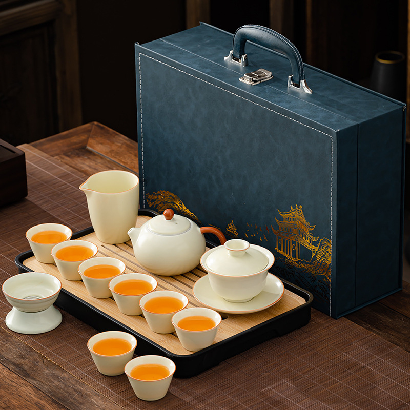 Ru Kiln Gongfu teáskészlet porcelánból – teáskanna, fedeles tál, teáscsészék, ajándékdíszdoboz, logó testreszabás, melamín teátálca