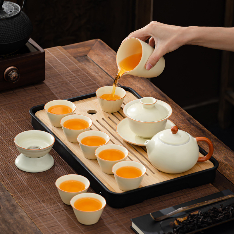 Ru Kiln Gongfu teáskészlet porcelánból – teáskanna, fedeles tál, teáscsészék, ajándékdíszdoboz, logó testreszabás, melamín teátálca