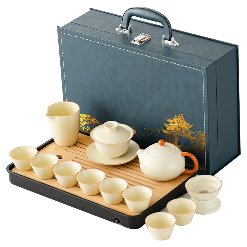 Ru Kiln Gongfu teáskészlet porcelánból – teáskanna, fedeles tál, teáscsészék, ajándékdíszdoboz, logó testreszabás, melamín teátálca