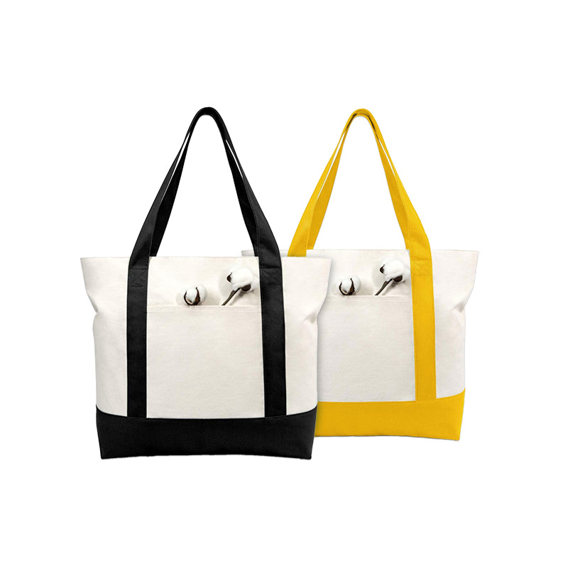 Geantă din pânză albă, în stoc, personalizabilă pentru mâner și umăr, imprimare a logo-ului pentru promovare.