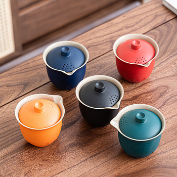 Set portabil de ceai din ceramică, cu o ceainică și trei cești – set exterior cu vas cu capac