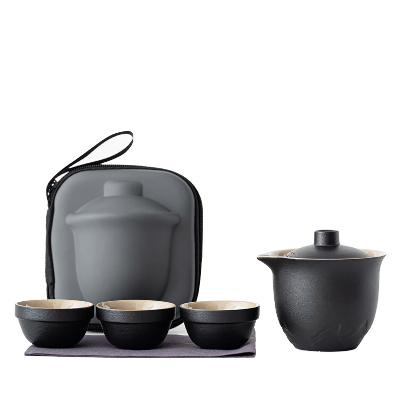 Set portabil de ceai din ceramică, cu o ceainică și trei cești – set exterior cu vas cu capac