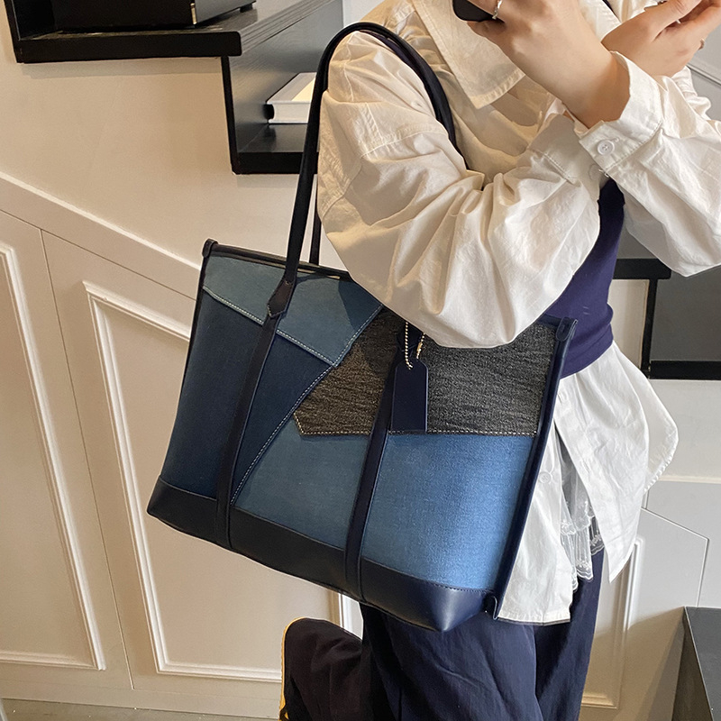 Ženska denim tote torba s patchworkom, velika zapremina za svakodnevnu upotrebu