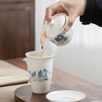 Set Gongfu de ceai din porțelan alb Dehua, gaiwan și ceainic, cutie cadou albastru-alb