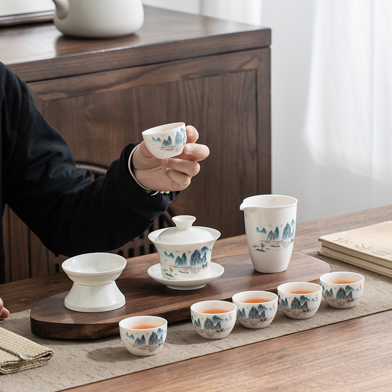 Set Gongfu de ceai din porțelan alb Dehua, gaiwan și ceainic, cutie cadou albastru-alb