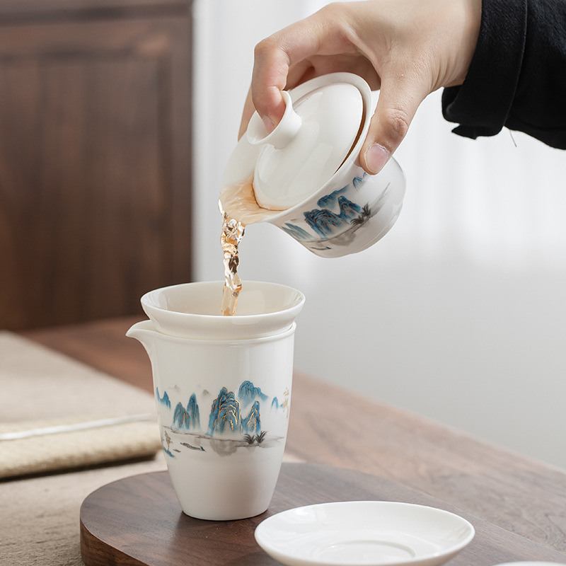 Set Gongfu de ceai din porțelan alb Dehua, gaiwan și ceainic, cutie cadou albastru-alb