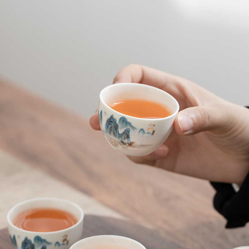 Set Gongfu de ceai din porțelan alb Dehua, gaiwan și ceainic, cutie cadou albastru-alb