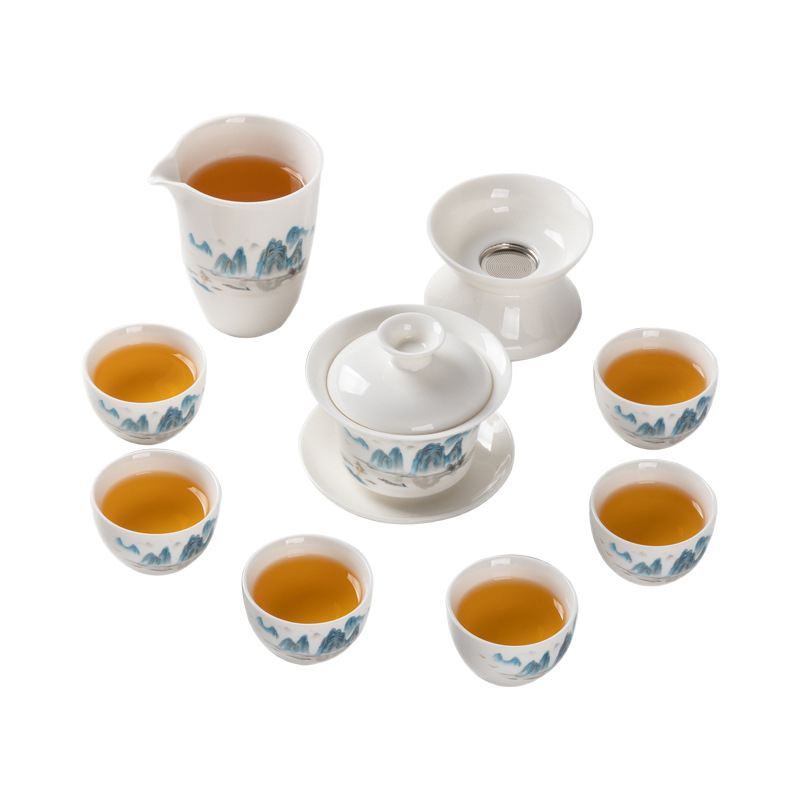 Set Gongfu de ceai din porțelan alb Dehua, gaiwan și ceainic, cutie cadou albastru-alb