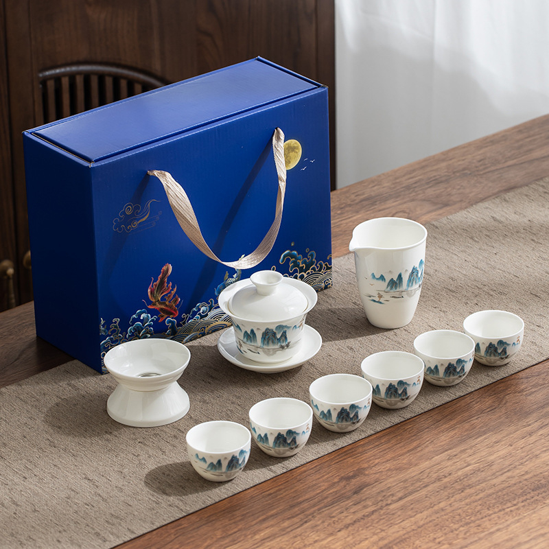Set Gongfu de ceai din porțelan alb Dehua, gaiwan și ceainic, cutie cadou albastru-alb
