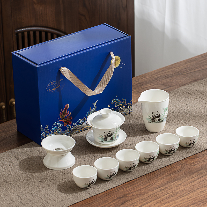 Set Gongfu de ceai din porțelan alb Dehua, gaiwan și ceainic, cutie cadou albastru-alb