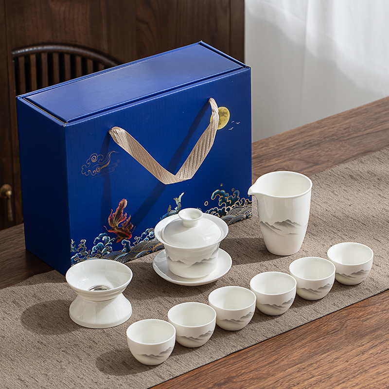 Set Gongfu de ceai din porțelan alb Dehua, gaiwan și ceainic, cutie cadou albastru-alb