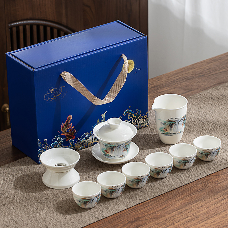 Set Gongfu de ceai din porțelan alb Dehua, gaiwan și ceainic, cutie cadou albastru-alb