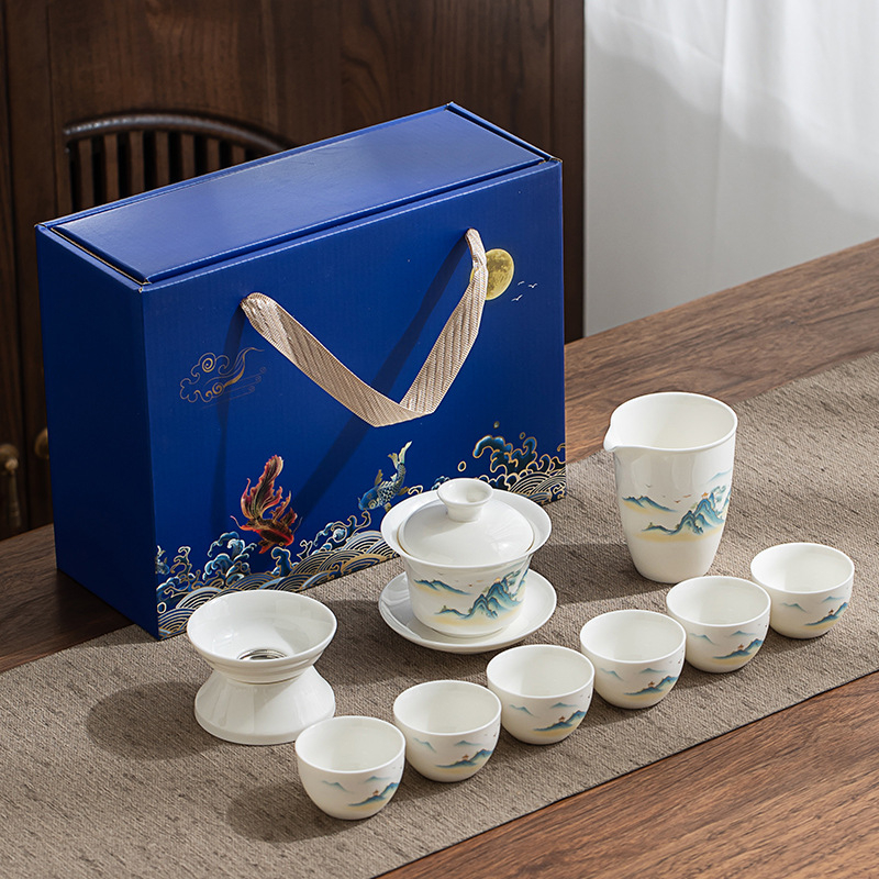 Set Gongfu de ceai din porțelan alb Dehua, gaiwan și ceainic, cutie cadou albastru-alb