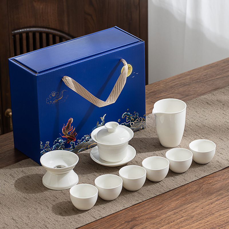 Set Gongfu de ceai din porțelan alb Dehua, gaiwan și ceainic, cutie cadou albastru-alb