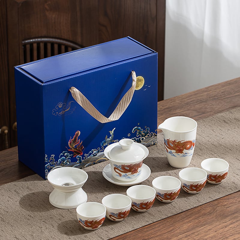 Set Gongfu de ceai din porțelan alb Dehua, gaiwan și ceainic, cutie cadou albastru-alb