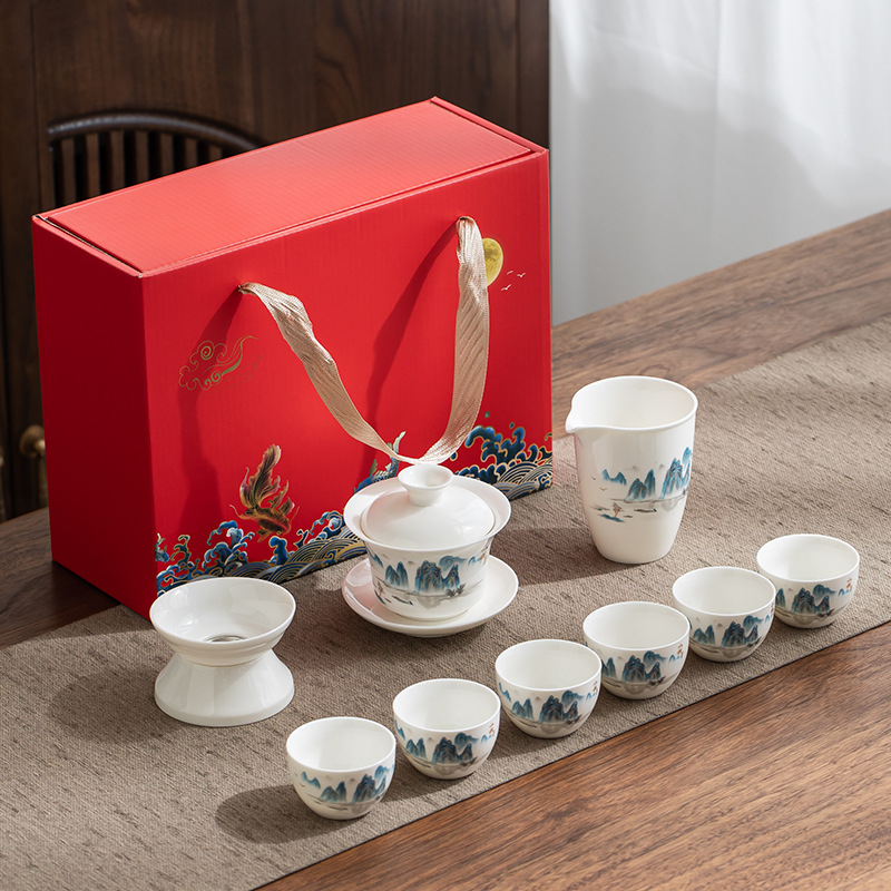 Set Gongfu de ceai din porțelan alb Dehua, gaiwan și ceainic, cutie cadou albastru-alb