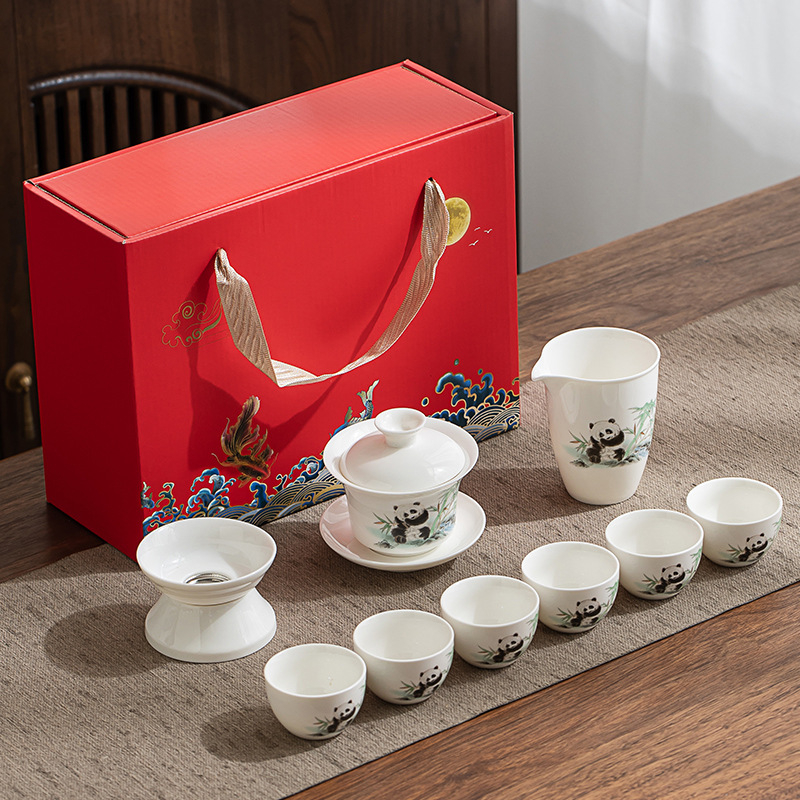 Set Gongfu de ceai din porțelan alb Dehua, gaiwan și ceainic, cutie cadou albastru-alb