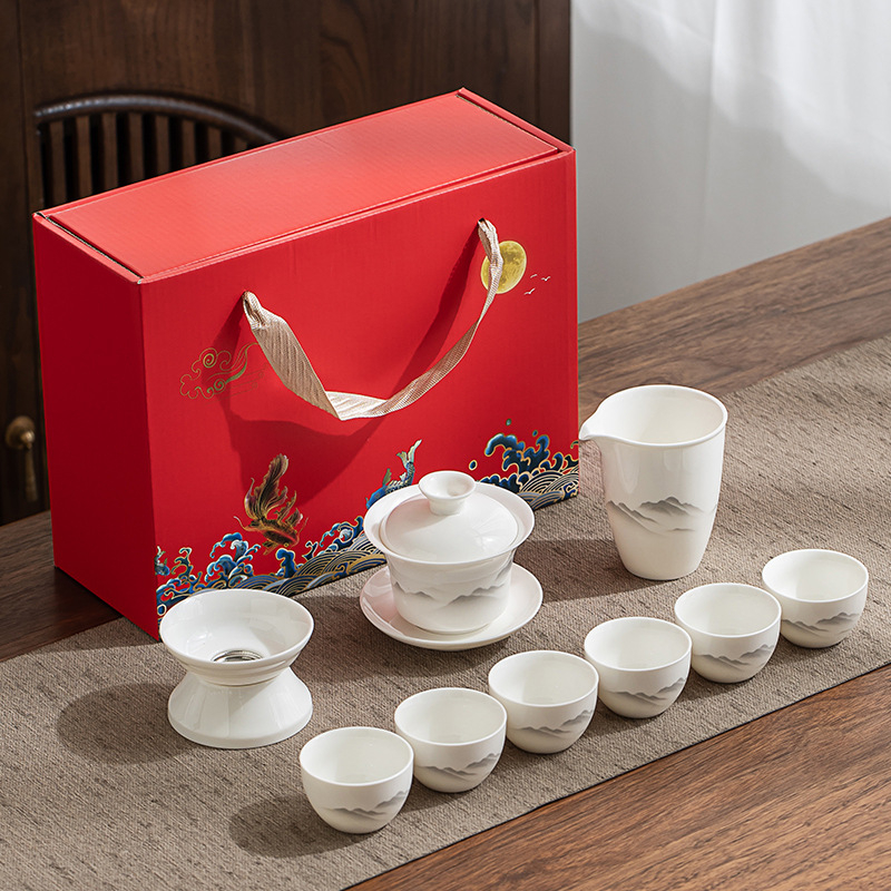 Set Gongfu de ceai din porțelan alb Dehua, gaiwan și ceainic, cutie cadou albastru-alb