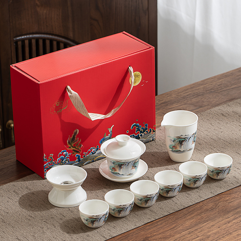 Set Gongfu de ceai din porțelan alb Dehua, gaiwan și ceainic, cutie cadou albastru-alb