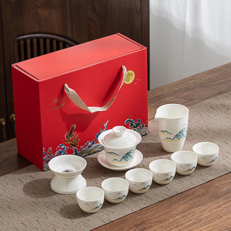 Set Gongfu de ceai din porțelan alb Dehua, gaiwan și ceainic, cutie cadou albastru-alb