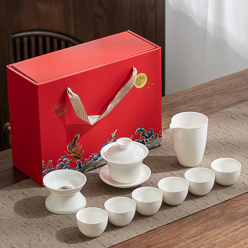 Set Gongfu de ceai din porțelan alb Dehua, gaiwan și ceainic, cutie cadou albastru-alb