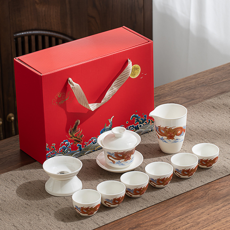 Set Gongfu de ceai din porțelan alb Dehua, gaiwan și ceainic, cutie cadou albastru-alb
