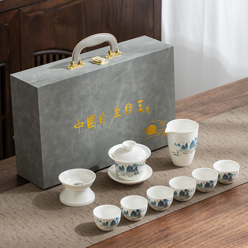 Set Gongfu de ceai din porțelan alb Dehua, gaiwan și ceainic, cutie cadou albastru-alb